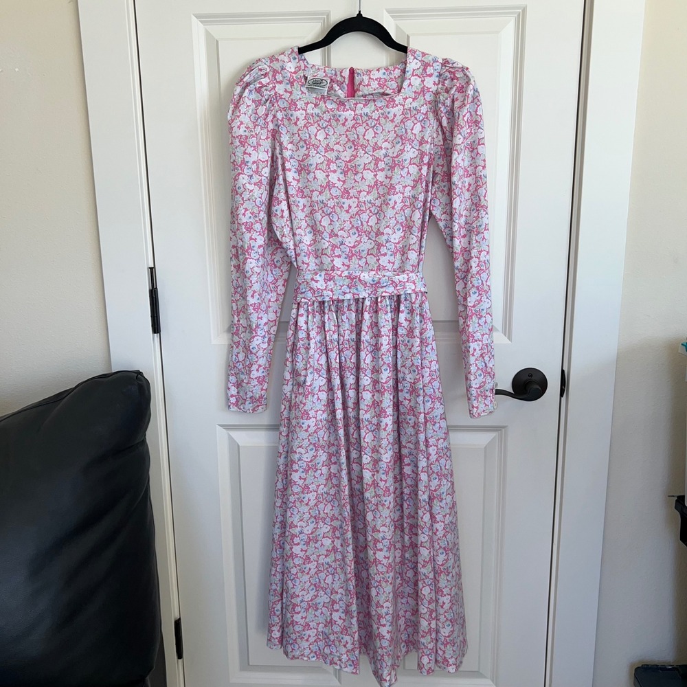 Vintage 80s Laura Ashley Long Sleeve Pink Floral Cotton Midi Dress Size 12